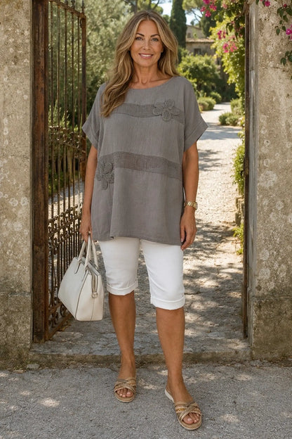 Pure Cotton Embroidered Flower Mesh Detail Capari Top - Mocha