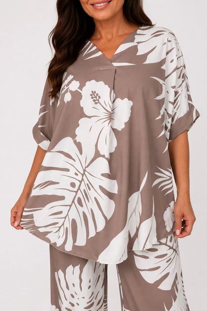 Tropical Print Lightweight Flow Carrisa Top - Mocha
