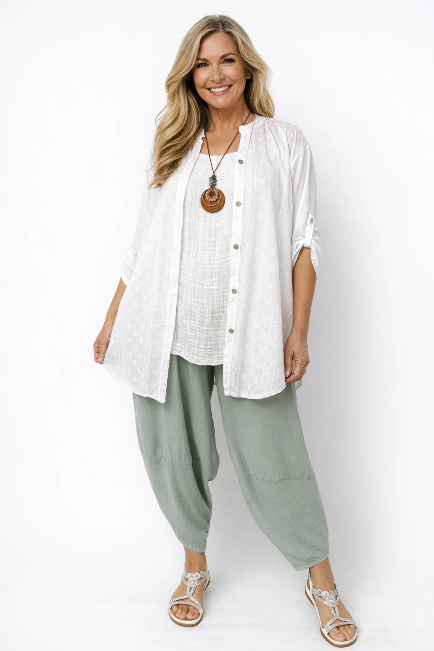 Cotton Embroidery Anglaise Button Sleeve Ginevra Button Shirt - White