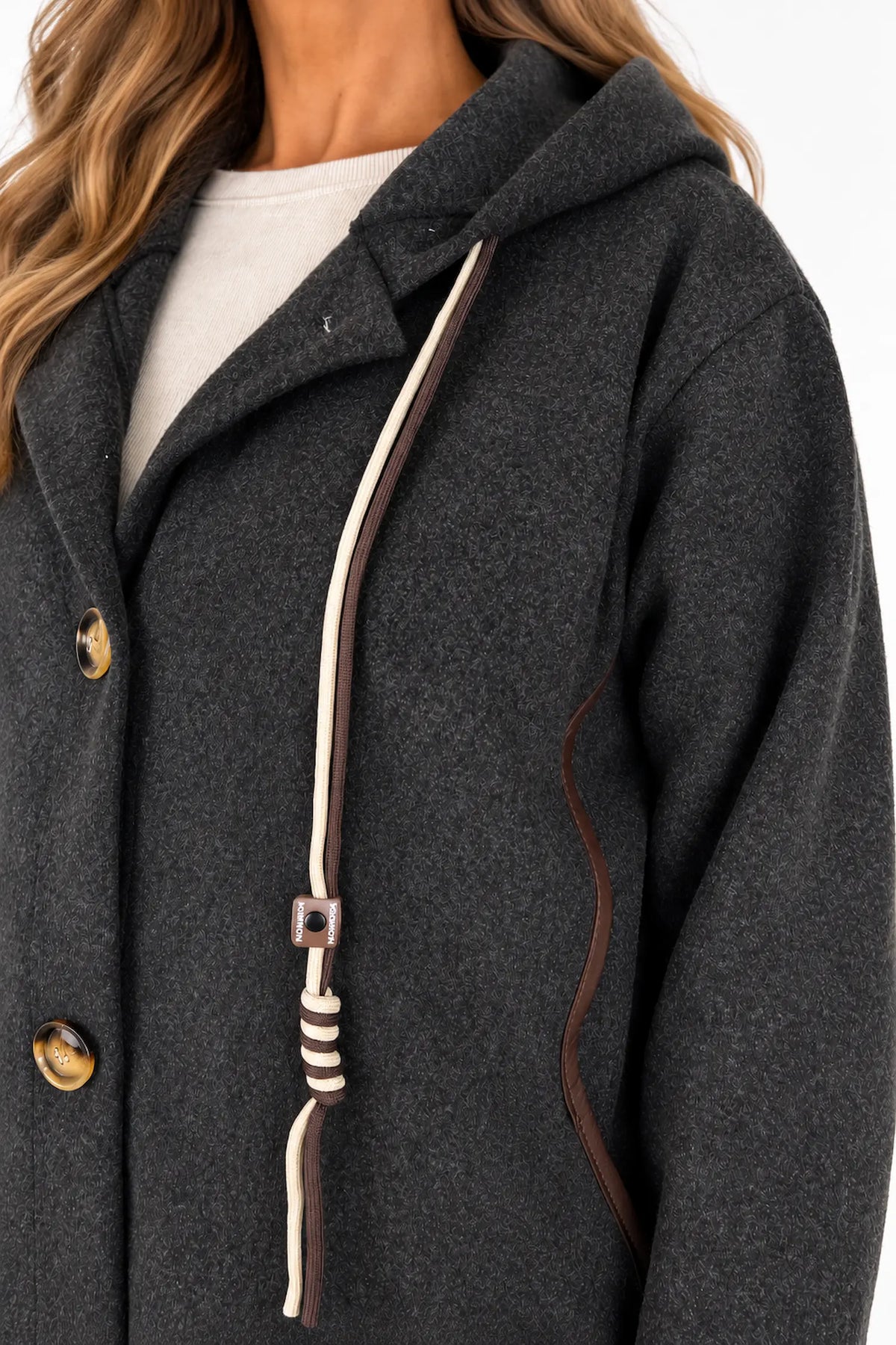 Viera Contrast Trim Double Pocket Drawstring Hooded Button Coat - Black
