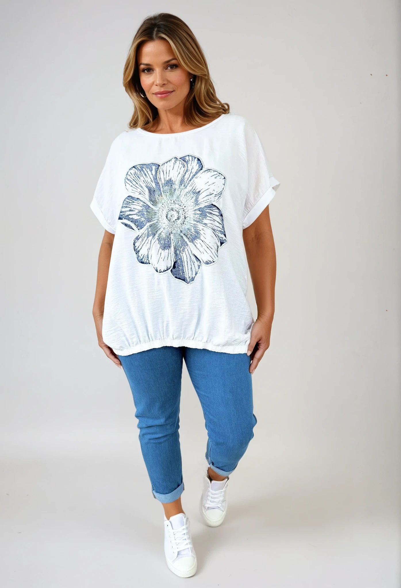 Cotton Metallic Flower Italia Top - White