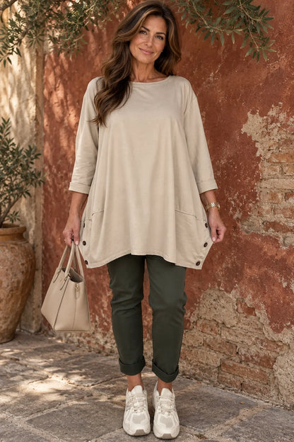 Cotton Button Side Maya Top - Beige