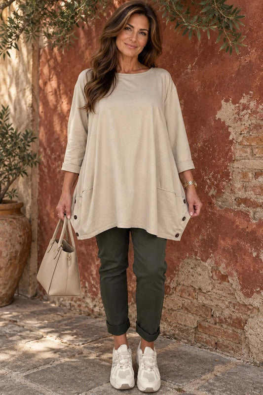 Cotton Button Side Maya Top - Beige