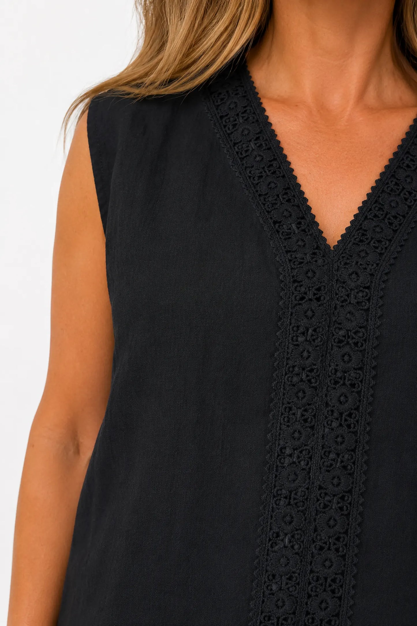 Embroidered Trim Carvela Sleeveless Top - Black