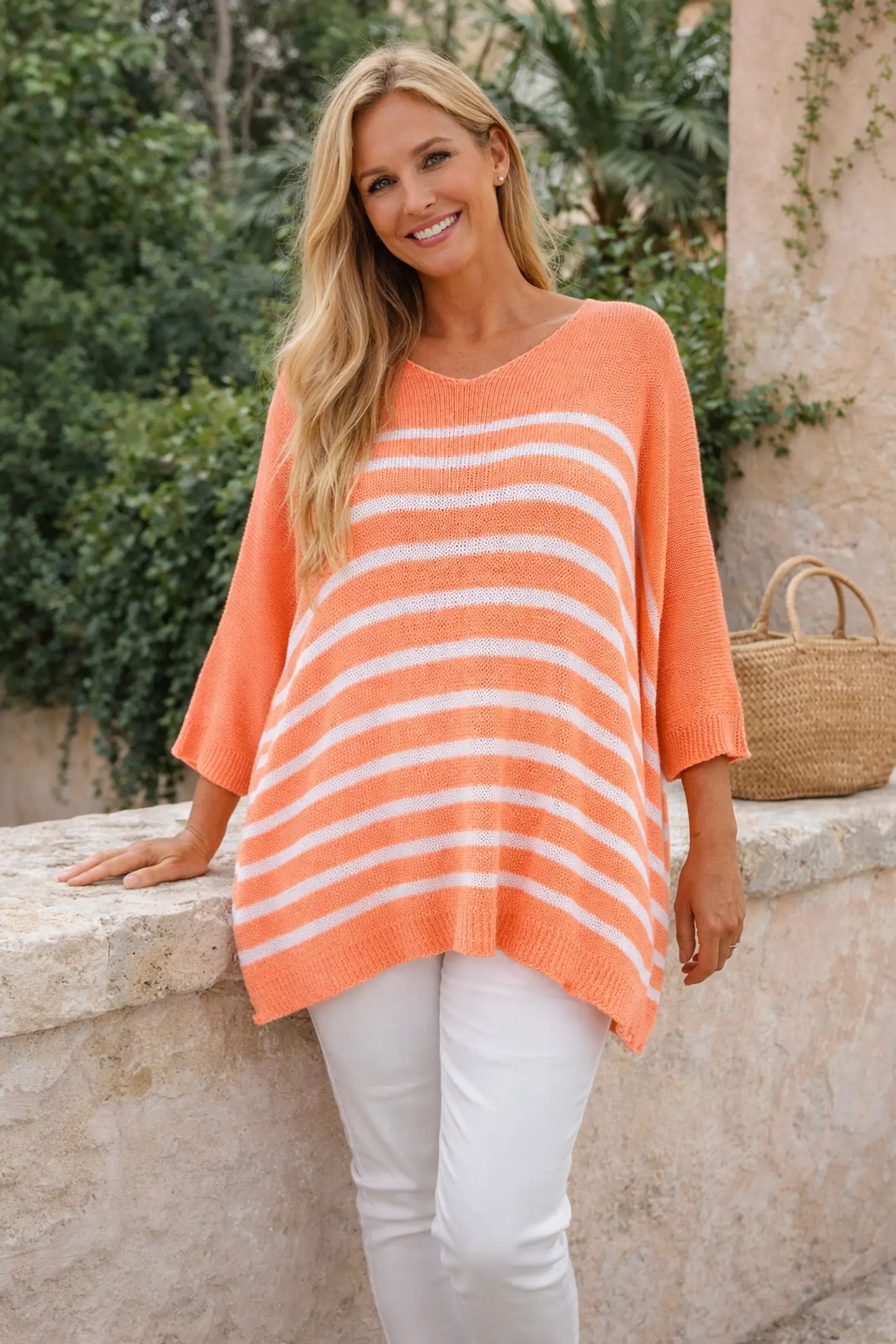 Cotton Serena Stripe Spring Knit Top - Apricot Coral