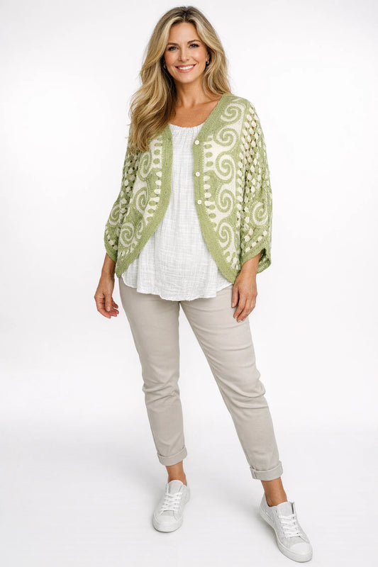 Pure Cotton Paola Button Crochet Cardigan - Lime