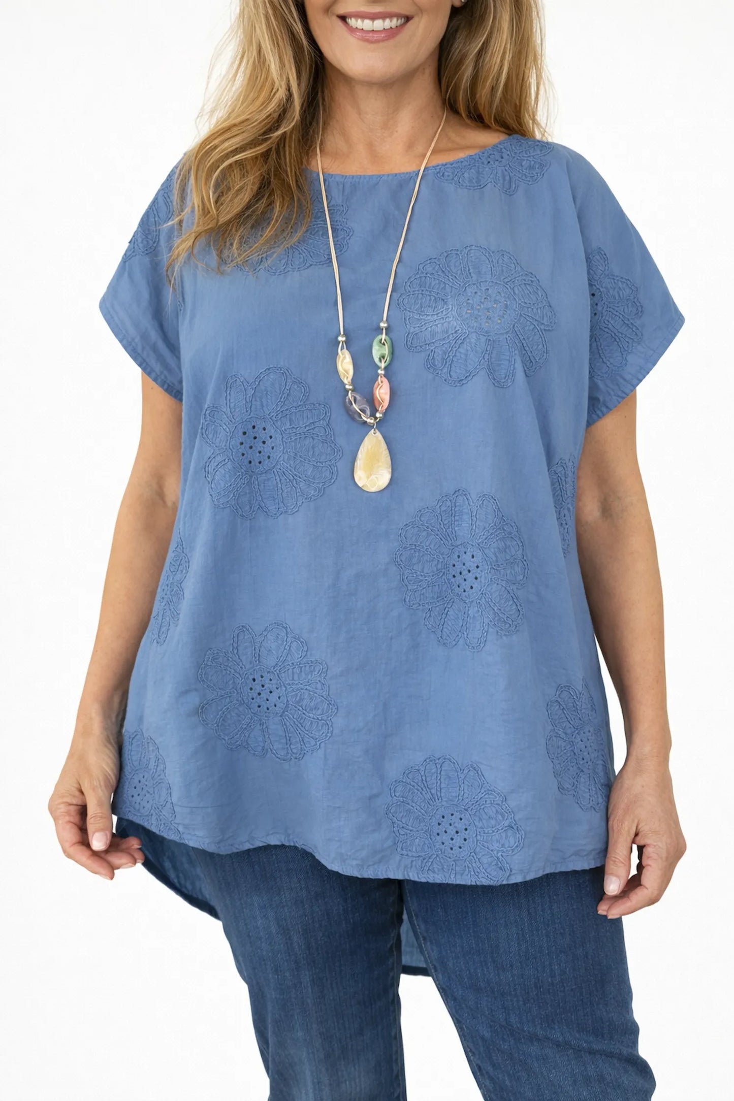 Pure Cotton Embroidery Anglaise Flower Amara Necklace Top - Denim
