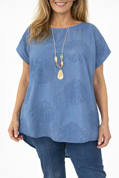 Pure Cotton Embroidery Anglaise Flower Amara Necklace Top - Denim