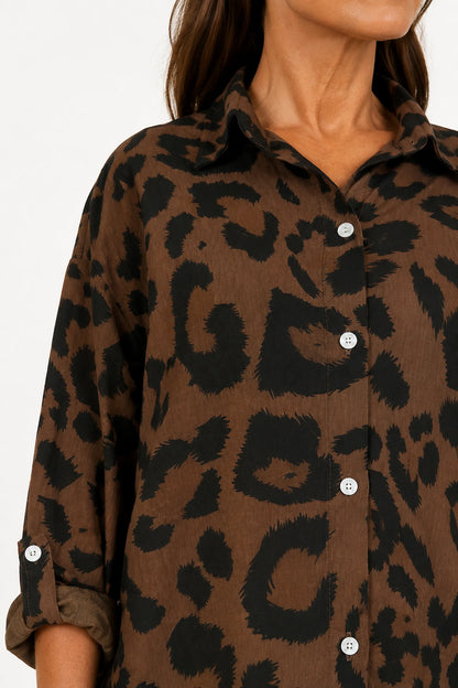 Roxy Leopard Button Sleeve Button Shirt - Chocolate