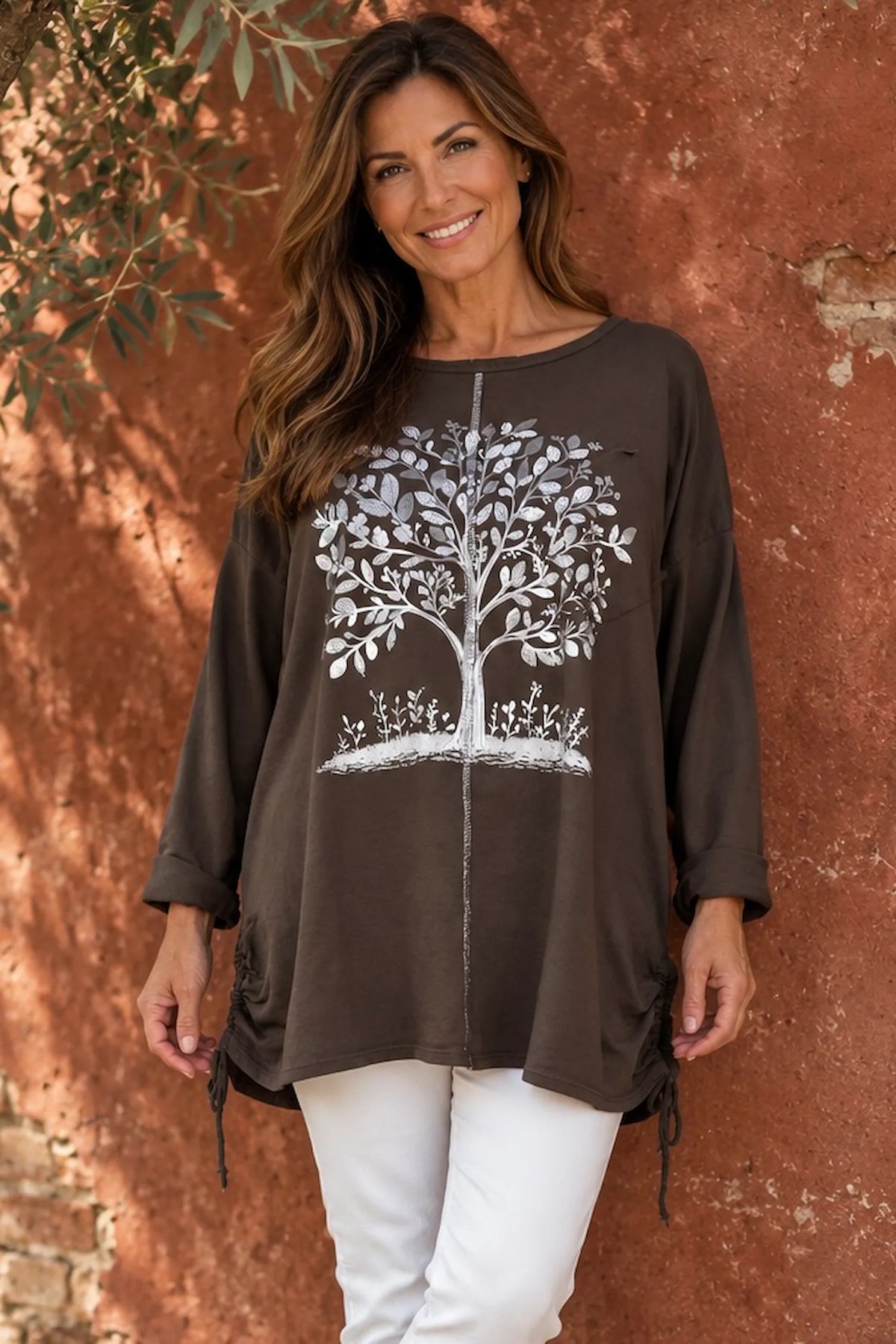 Cotton Diamanté Florence Tree Pocket Detail Tied Side Top - Chocolate