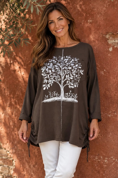 Cotton Diamanté Florence Tree Pocket Detail Tied Side Top - Chocolate