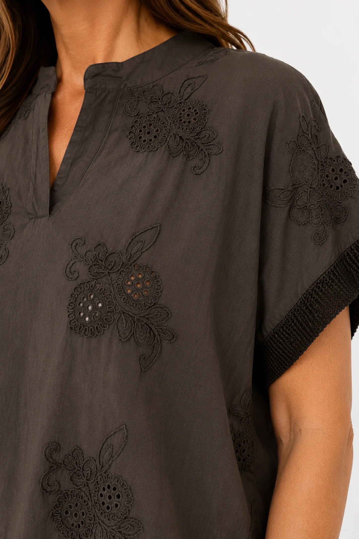 Pure Cotton Embroidered Floral Detail Mesh Sleeve/Back Lucia Shirt - Chocolate