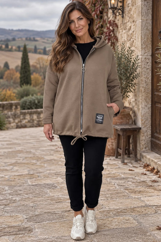 Badge Detail Drawstring Hem Double Pocket Viera Zipped Hooded Jacket - Mocha