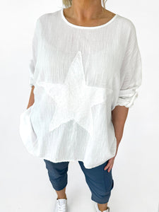 Cotton Sparkle Star Siana Button Sleeve Batwing Top - White
