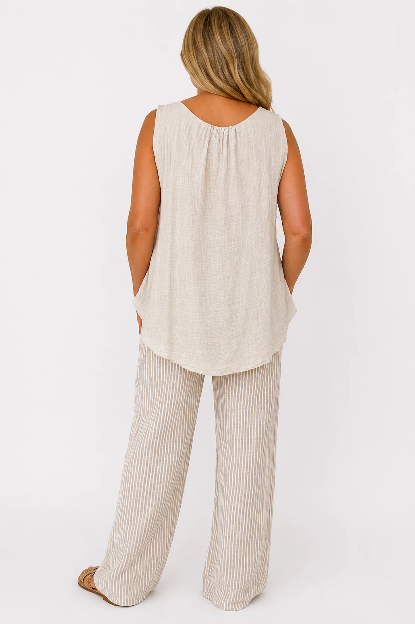 Pure Cotton Double Pocket Elasticated Waist Viera Stripe Pants - Beige