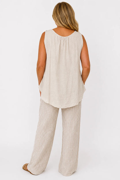 Pure Cotton Double Pocket Elasticated Waist Viera Stripe Pants - Beige