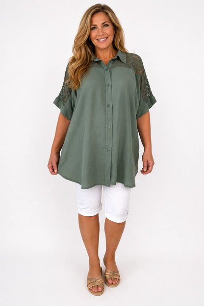 Lace Crochet Shoulder Alexandra Button Shirt - Khaki