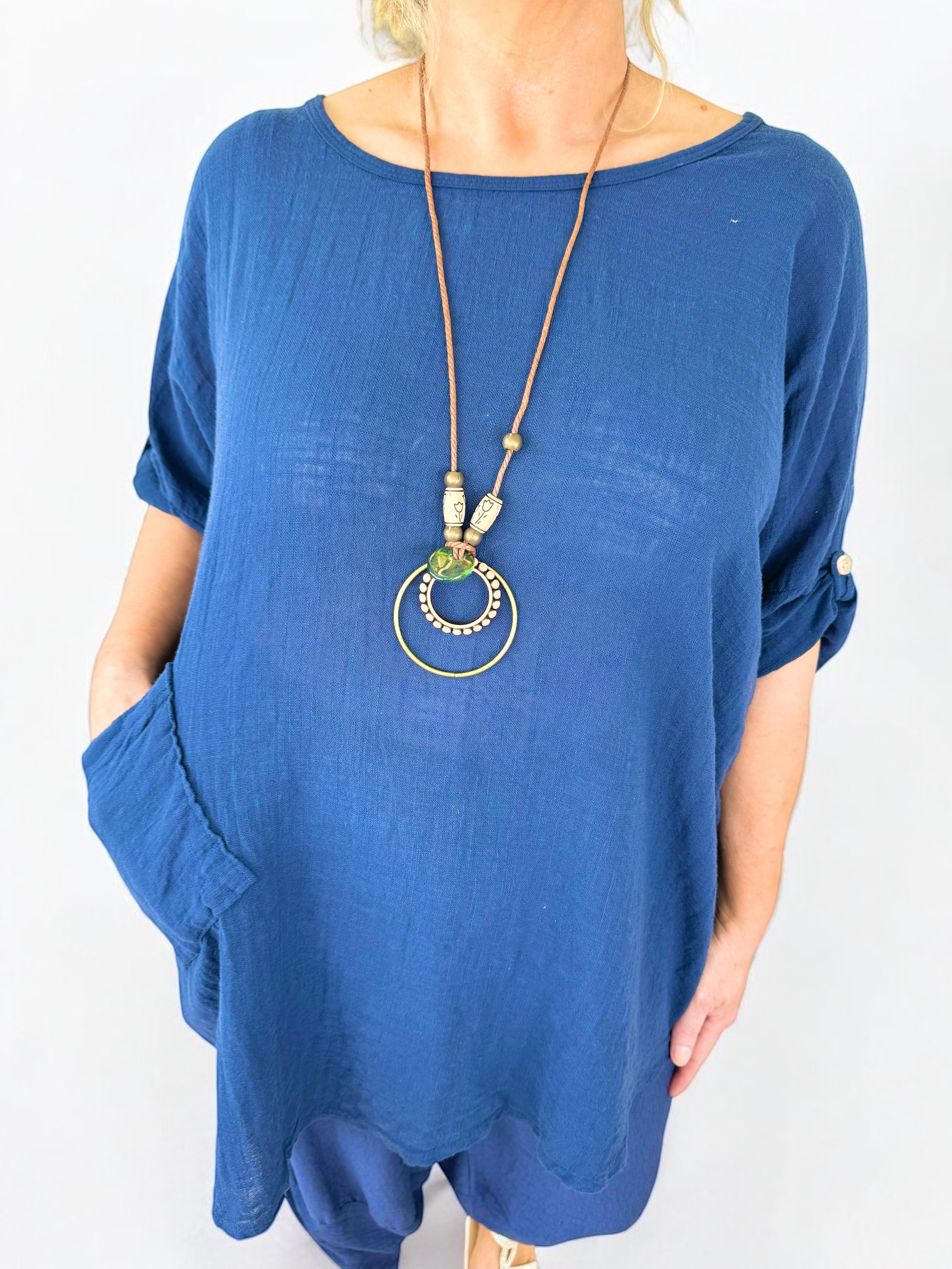 Pure Cotton Pocket Detail Button Sleeve Venice Necklace Top - Navy