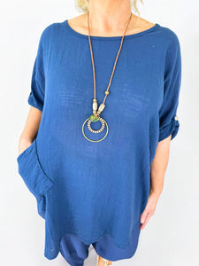 Pure Cotton Pocket Detail Button Sleeve Venice Necklace Top - Navy