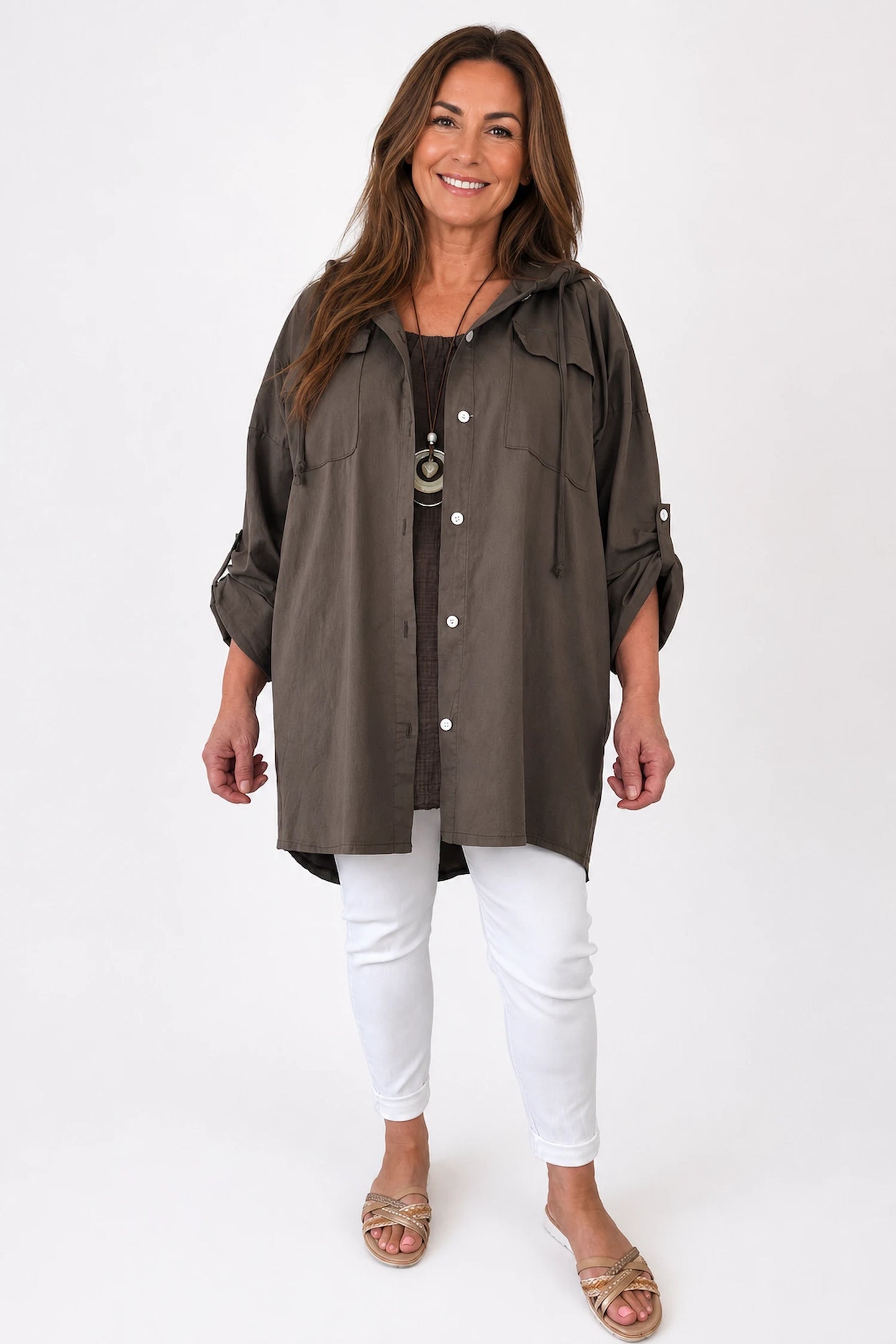 Cotton Double Flap Pocket Button Sleeve Izzy Hooded Overshirt - Chocolate