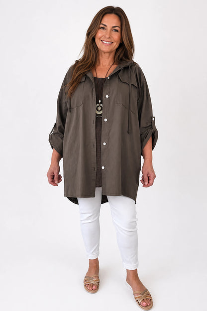 Cotton Double Flap Pocket Button Sleeve Izzy Hooded Overshirt - Chocolate