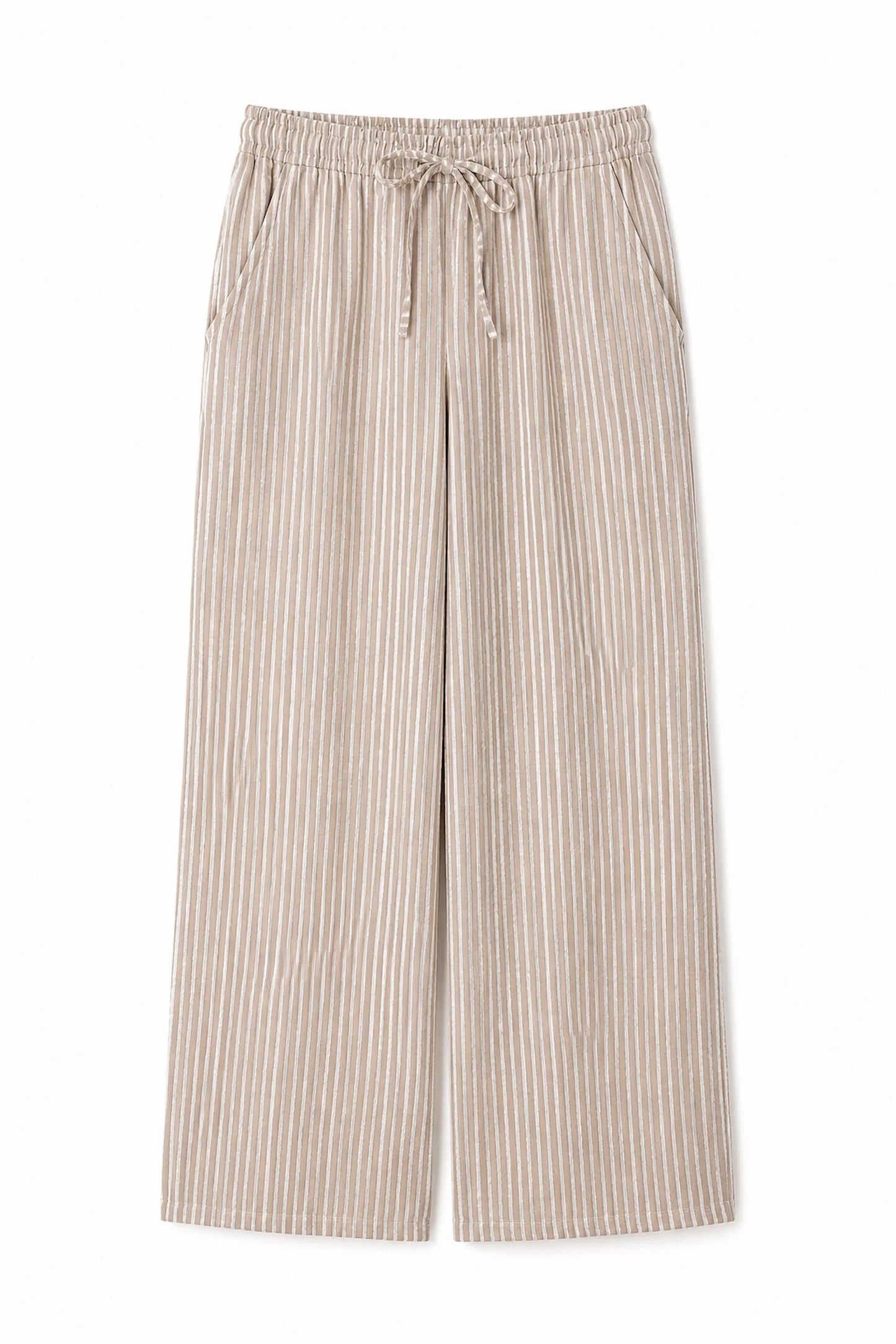 Pure Cotton Double Pocket Elasticated Waist Viera Stripe Pants - Beige