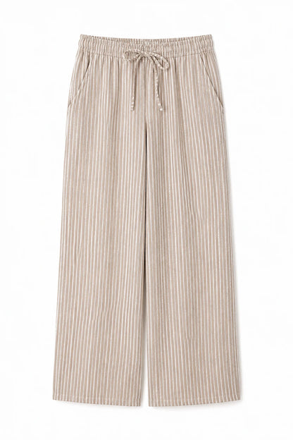 Pure Cotton Double Pocket Elasticated Waist Viera Stripe Pants - Beige