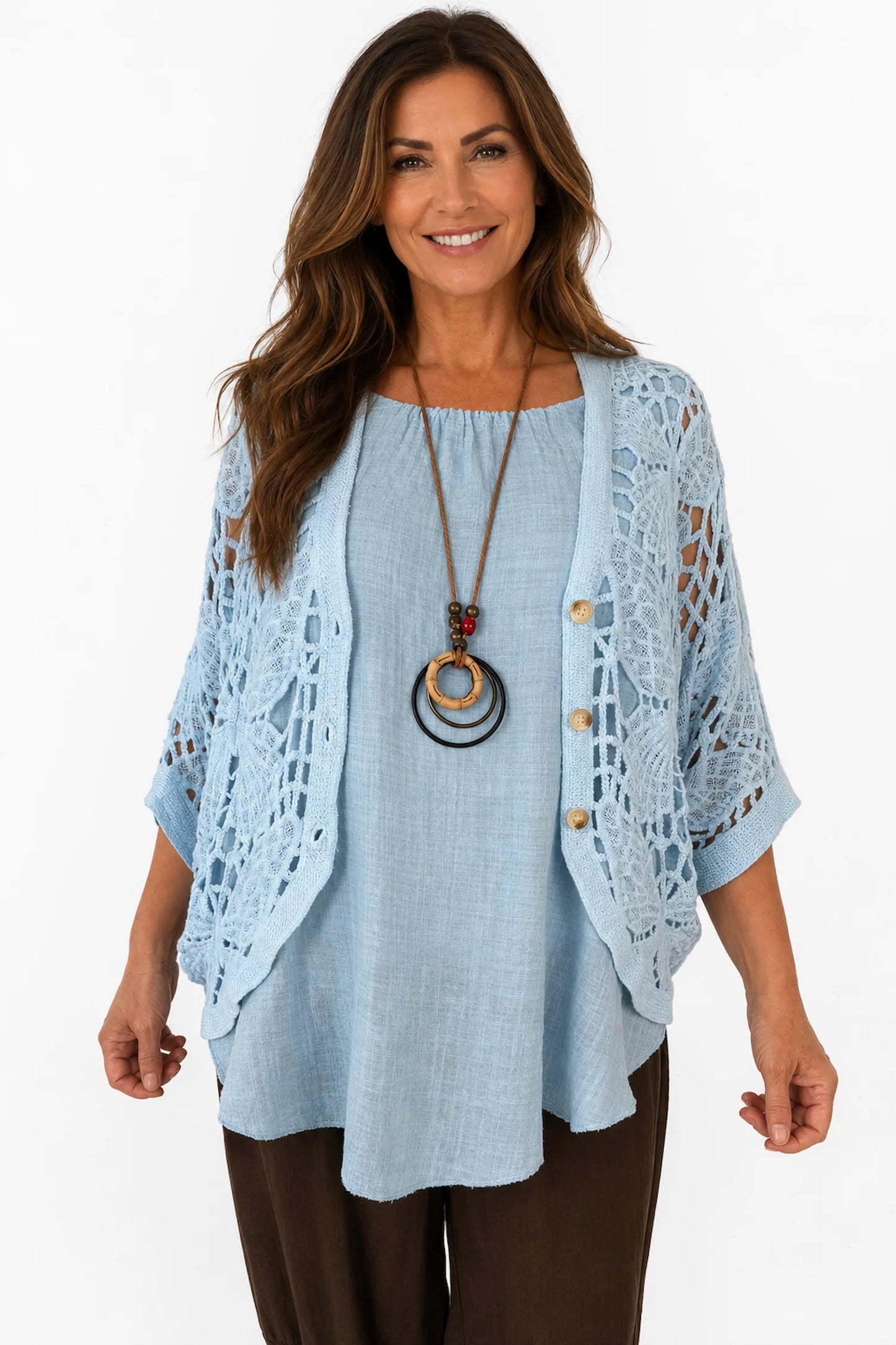 Pure Cotton Sadie Batwing Button Crochet Cardigan - Powder Blue