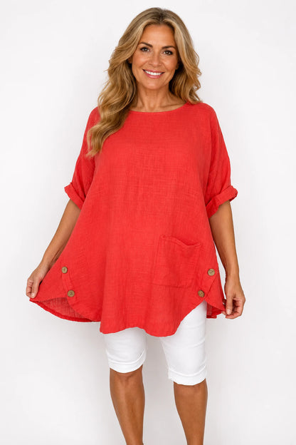 Linen Look Pure Cotton Button Detail Pocket Venice Top - Watermelon