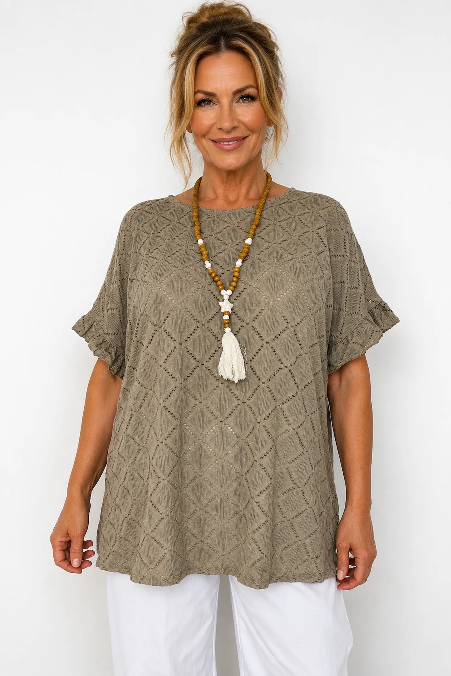 Lightly Textured Frill Sleeve Giana Necklace Top - Mocha