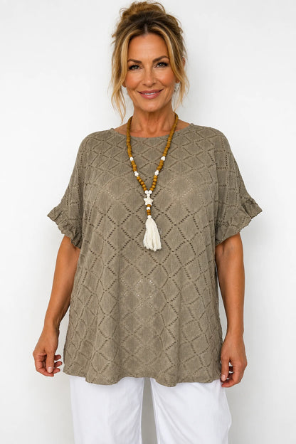 Lightly Textured Frill Sleeve Giana Necklace Top - Mocha