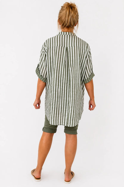 Linen Look Pure Cotton Pocket Detail Cruze Button Sleeve Stripe Shirt - Khaki