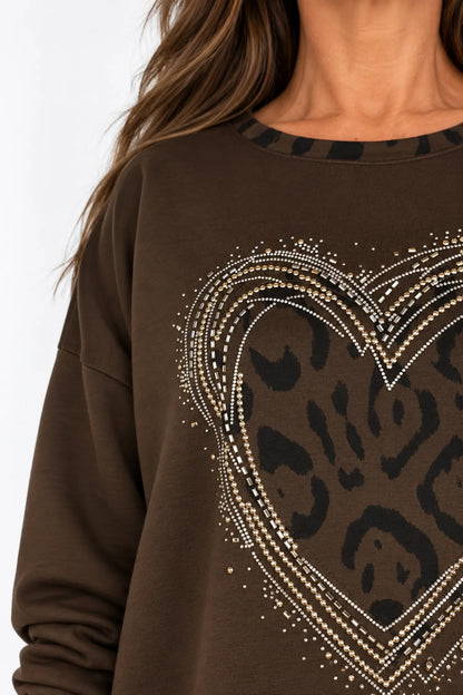 Leopard Trim Diamanté Heart Lexi Top - Chocolate