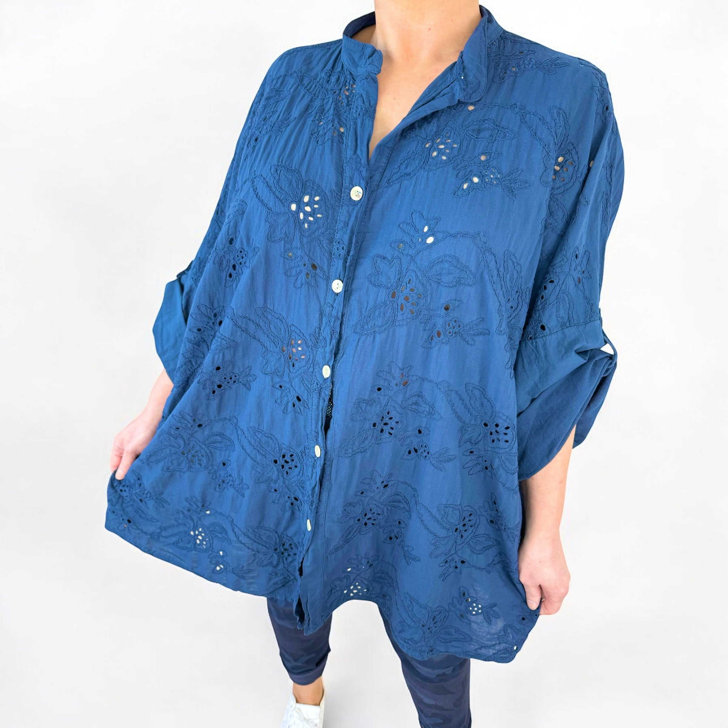 Cotton Oversized Embroidery Anglaise Button Sleeve Shirt - Navy