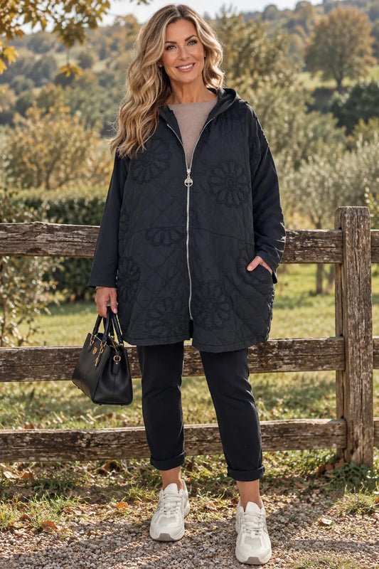 Embroidered Floral Quilted Cotton Hooded Zip Kala Coat – Black