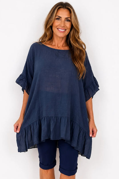 Pure Cotton Anita Frill Top - Navy