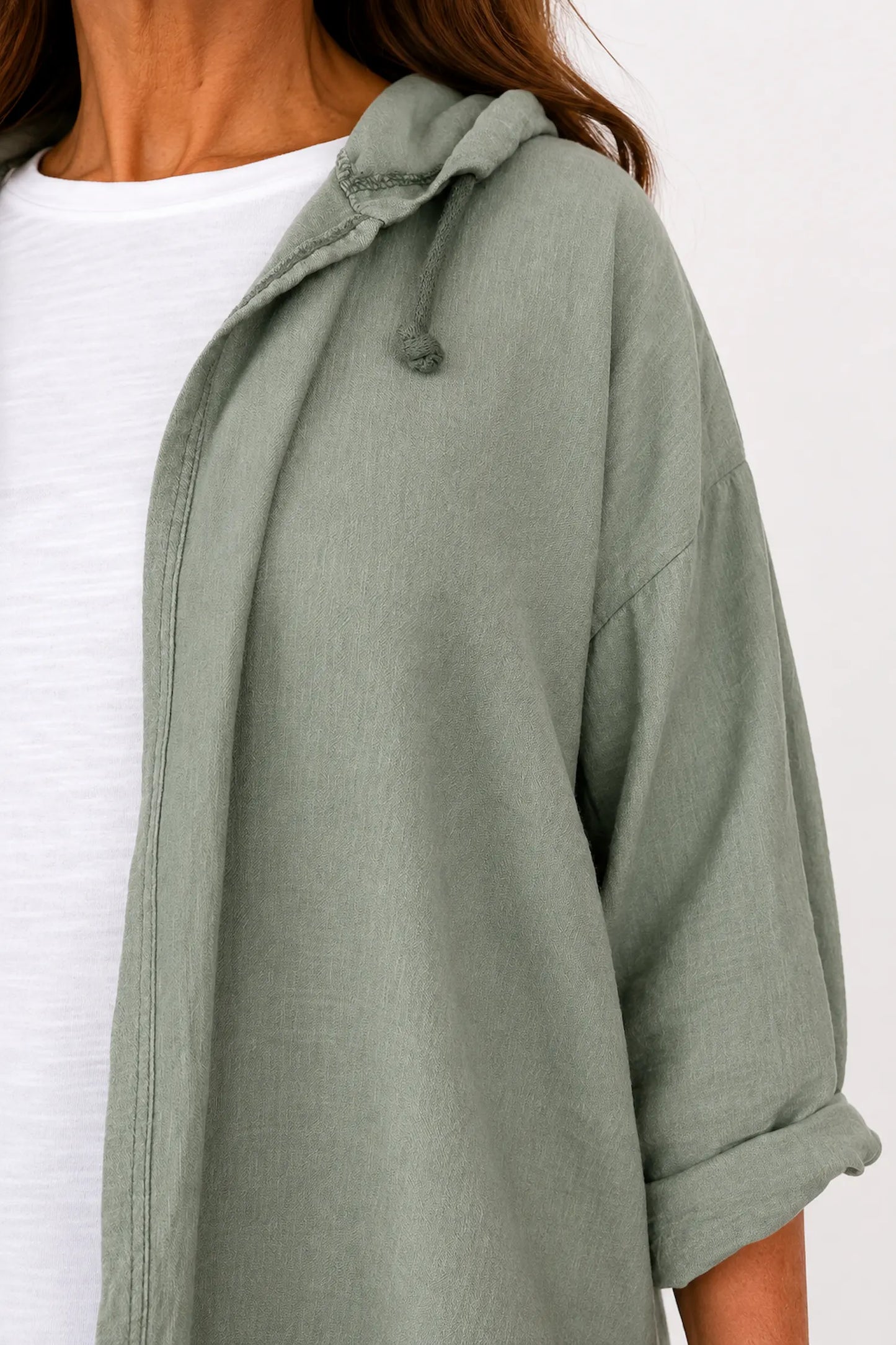 Drawstring Hem Lightweight Hooded Amirella Jacket - Sage