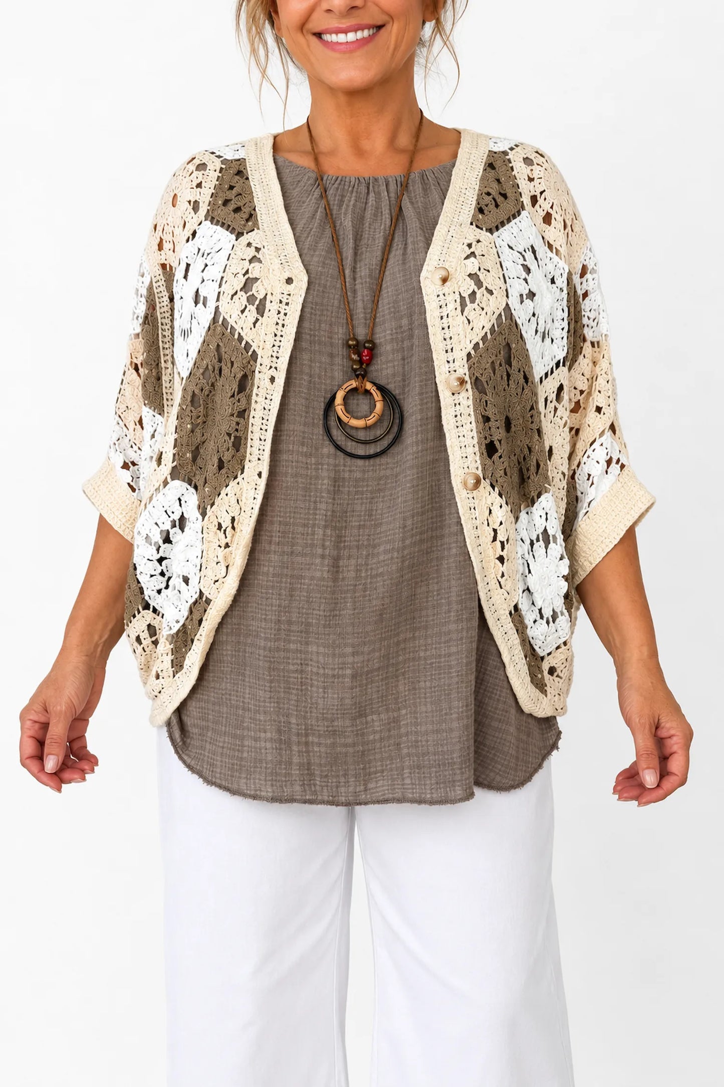 Pure Cotton Batwing Crochet Button Carmella Cardigan - Mocha