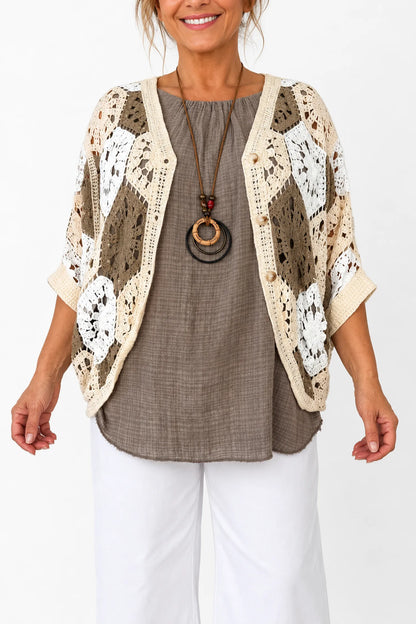 Pure Cotton Batwing Crochet Button Carmella Cardigan - Mocha