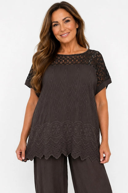 Crochet Detail Embroidery Anglaise Hem Francis Top - Chocolate