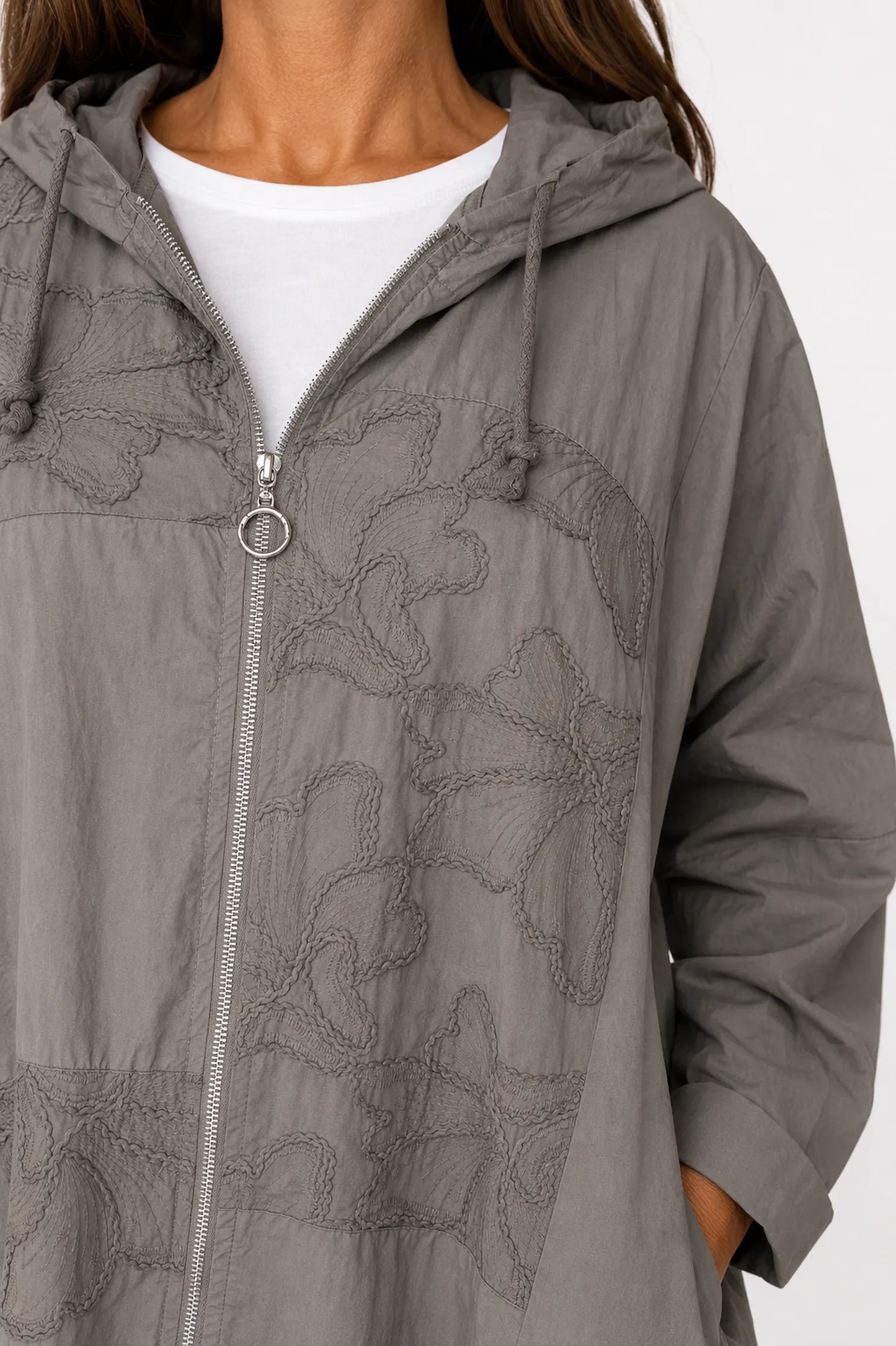 Pure Cotton Embroidery Anglaise Double Pocket Hooded Carletta Drawstring Detail Zipped Jacket - Mocha