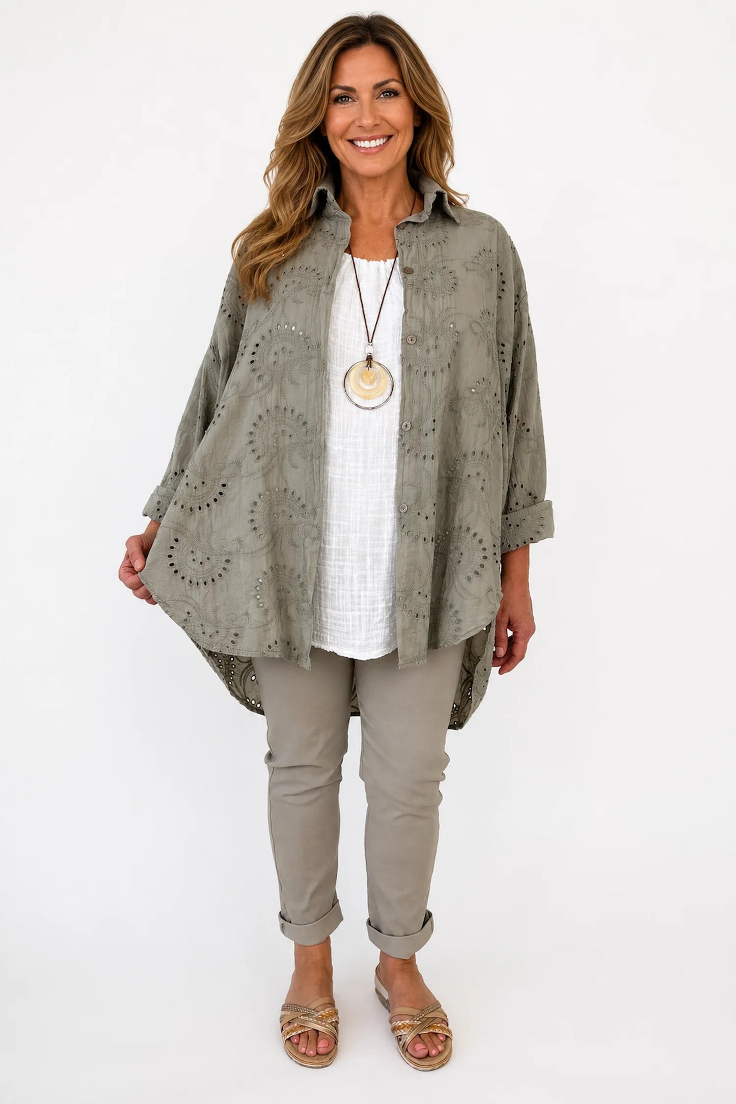 Pure Cotton Embroidery Anglaise Monica Button Shirt - Mocha