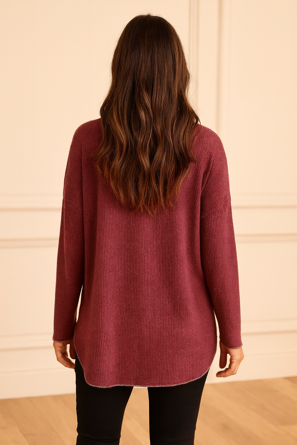 Ribbed Knit Silver Lining Veronica Necklace Top - Wine