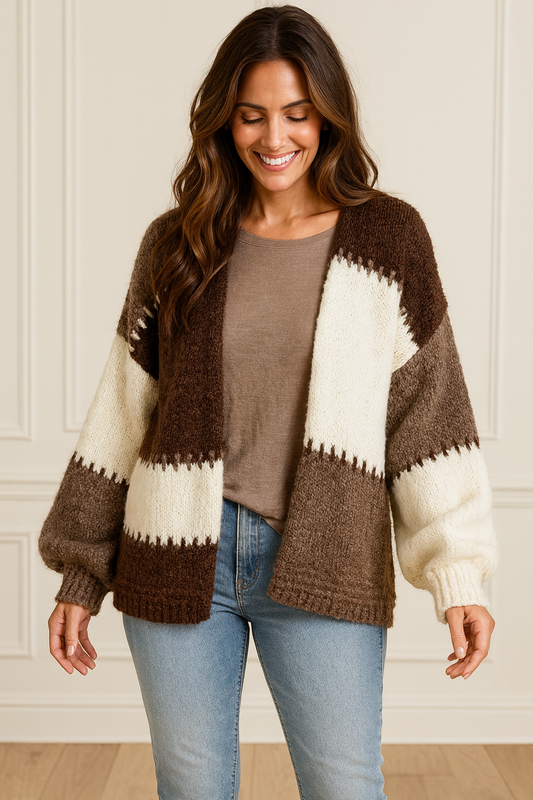 Wool Mix Premium Knit Roxy Cardigan - Chocolate/Beige/Mocha
