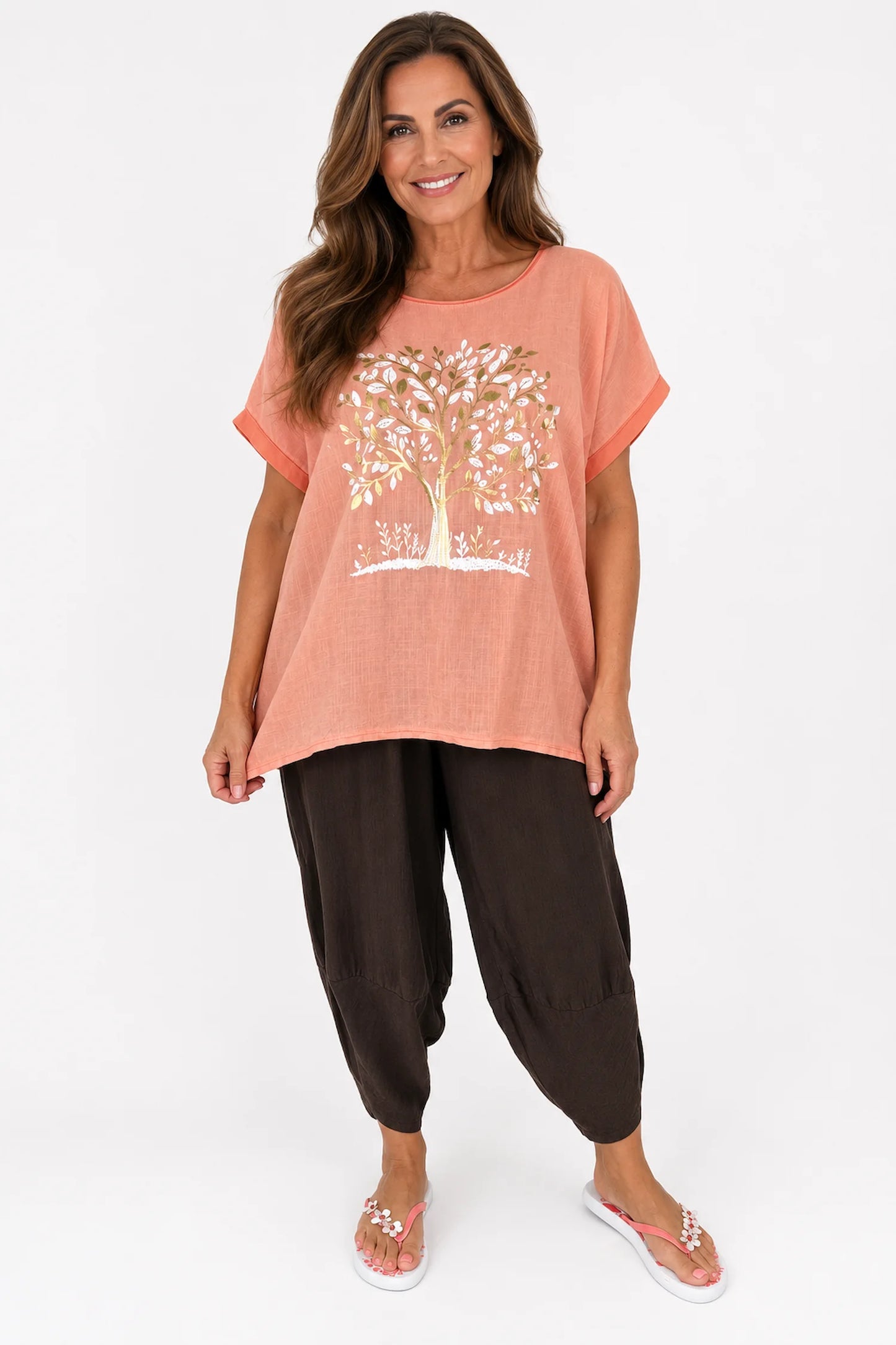 Linen Cotton Mix Diamanté Golden Leaf Carletta Top - Peach