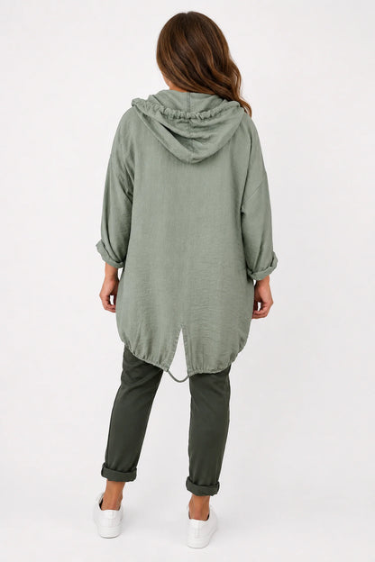 Drawstring Hem Lightweight Hooded Amirella Jacket - Sage