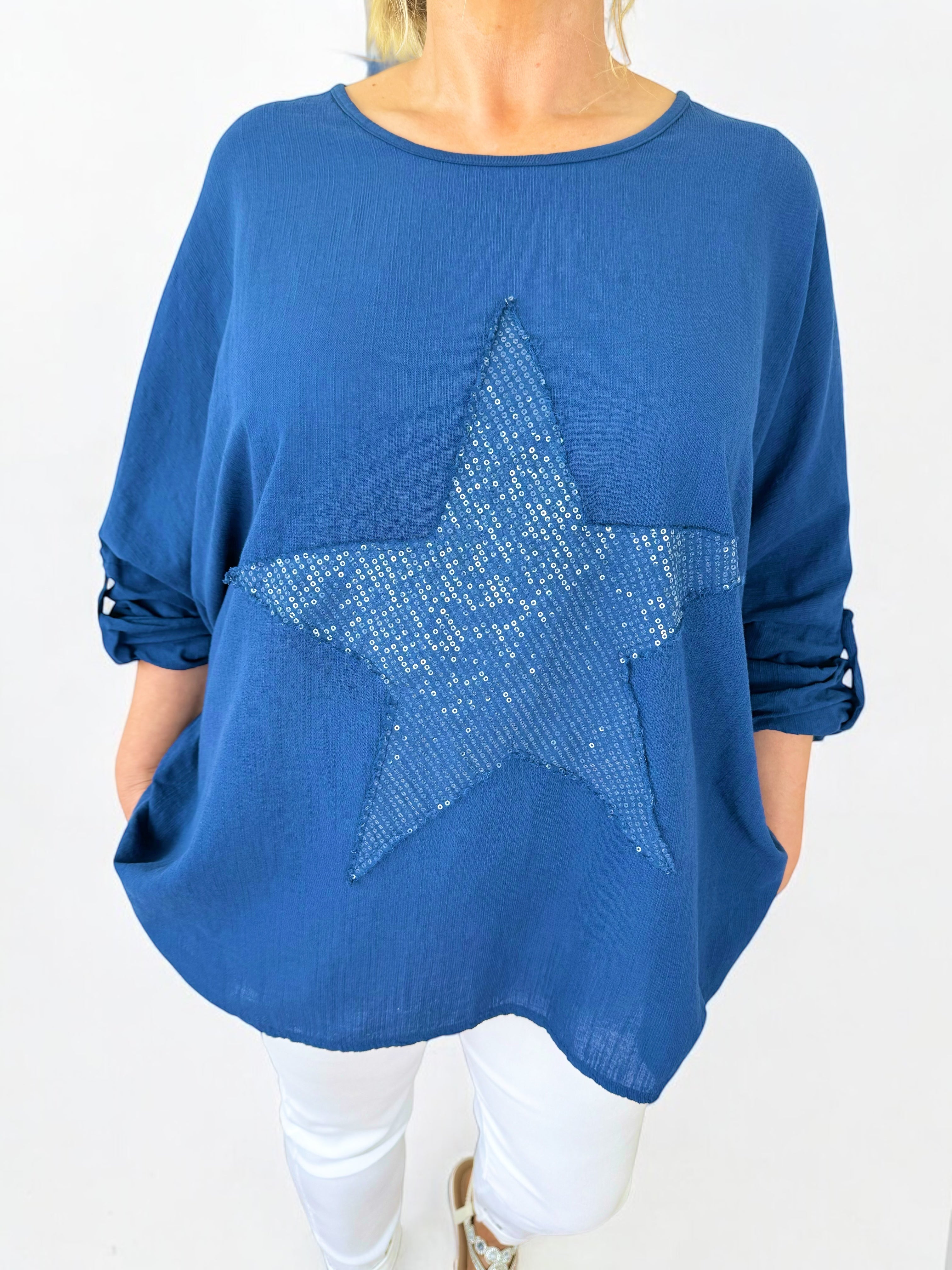 Cotton Sparkle Star Siana Button Sleeve Batwing Top - Navy