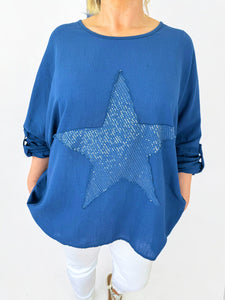 Cotton Sparkle Star Siana Button Sleeve Batwing Top - Navy