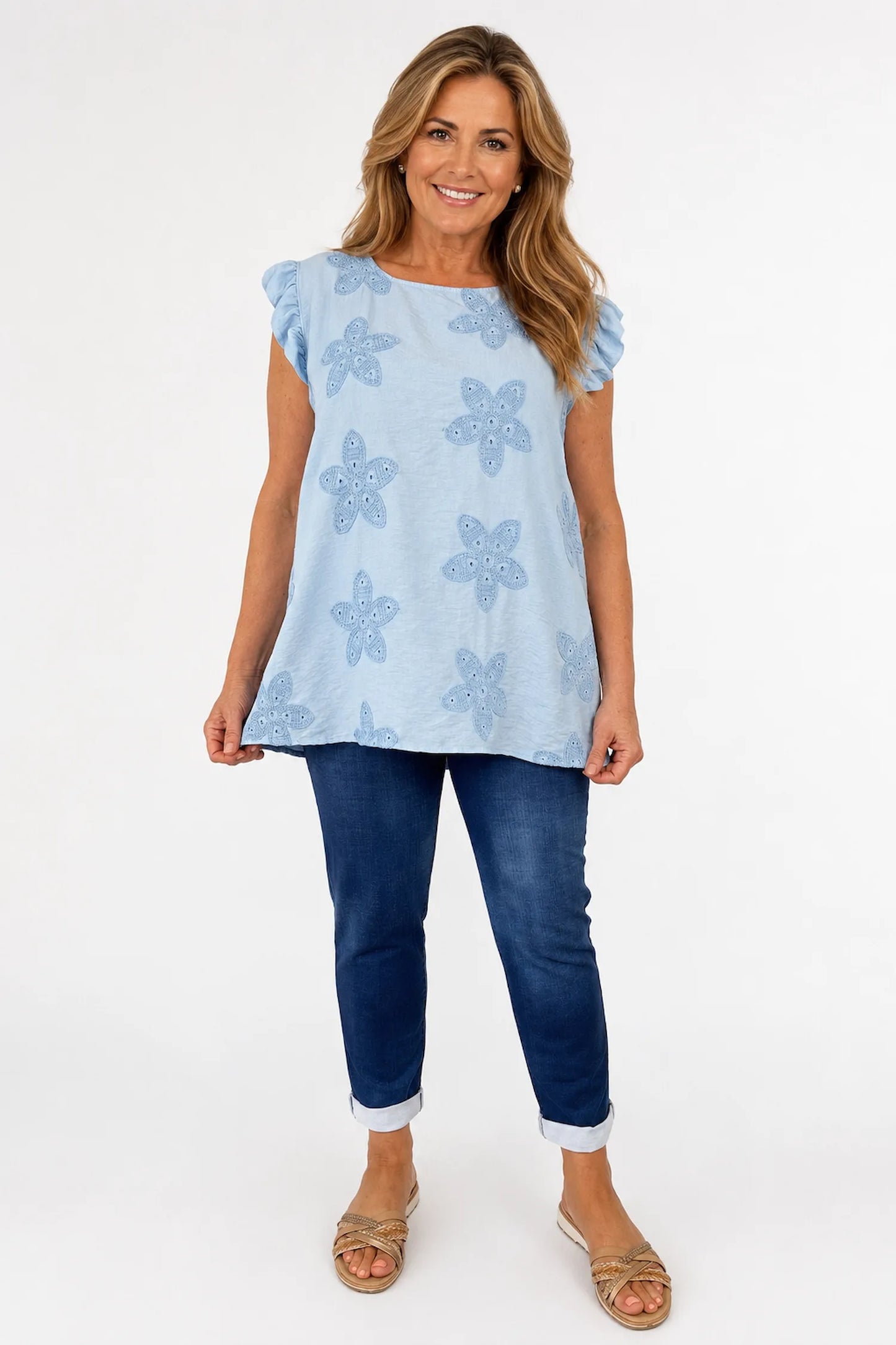 Frill Sleeve Embroidered Floral Detail Sienna Cap Sleeve Top - Baby Blue