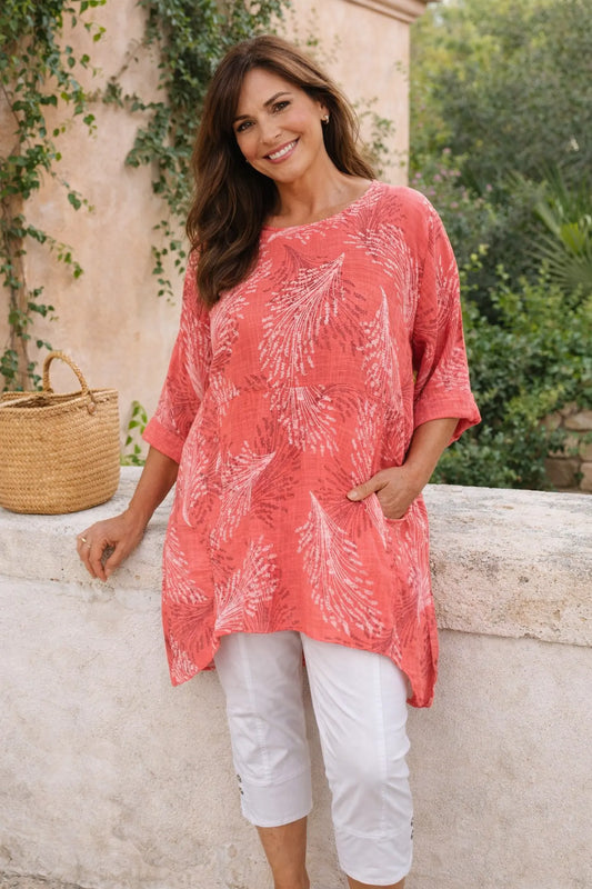 Pure Cotton Double Pocket Violetta Tunic Top - Coral